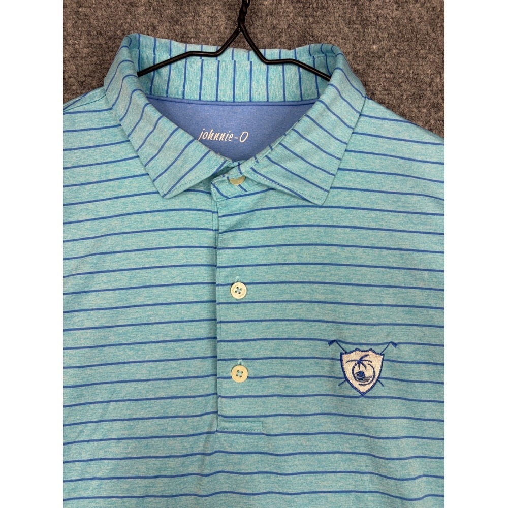 Johnnie-O Mens Large Turquoise Blue Striped Performance Golf Polo Shirt Stretch